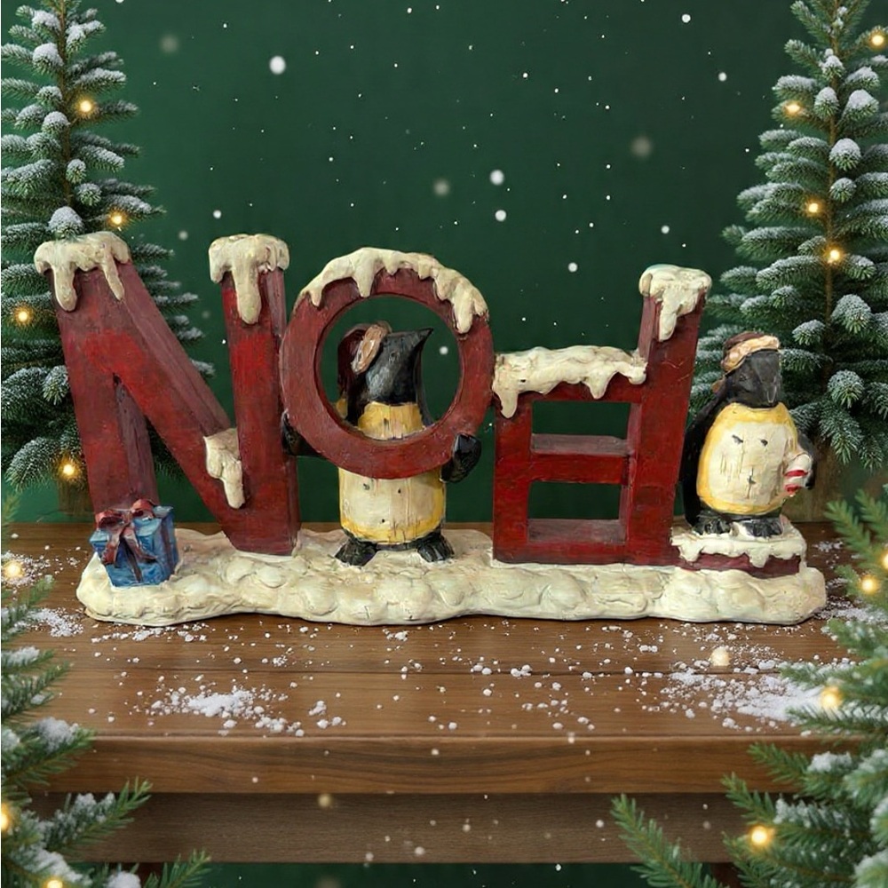 Vintage Festive Red 'Noel' Holiday Decoration with Penguins